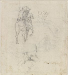 Estudos de um cavalo com dois cavaleiros nus e um torso masculino